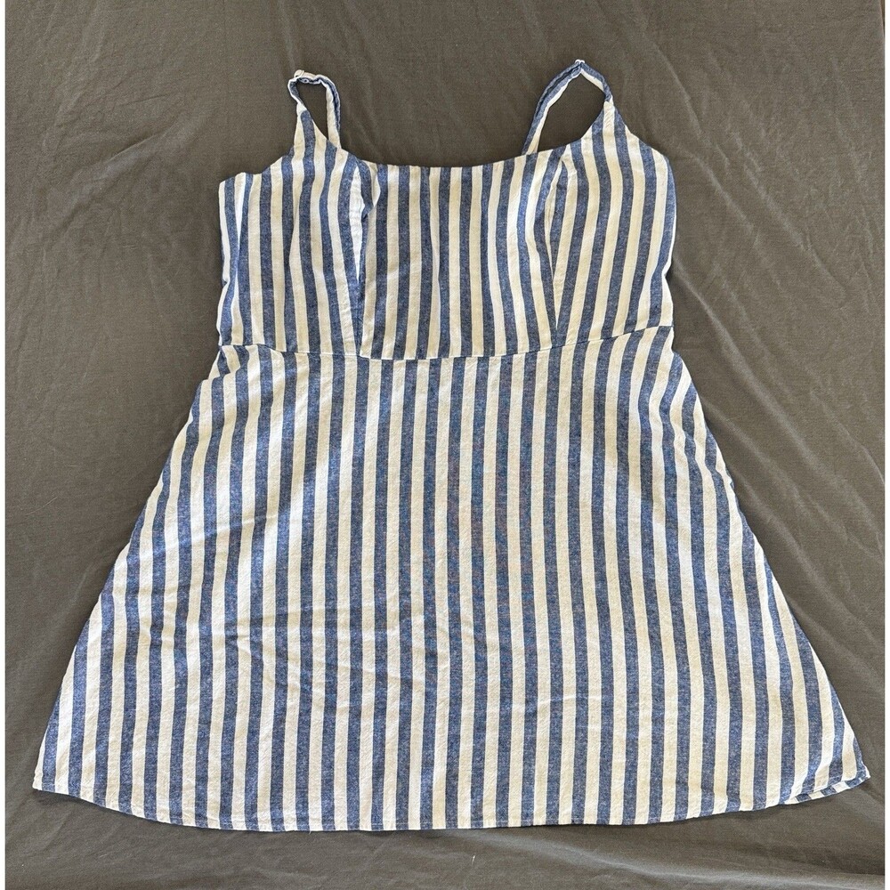 Old Navy Stripe Dress Sz XXL Linen Blend Blue White Sleeveless with Pockets